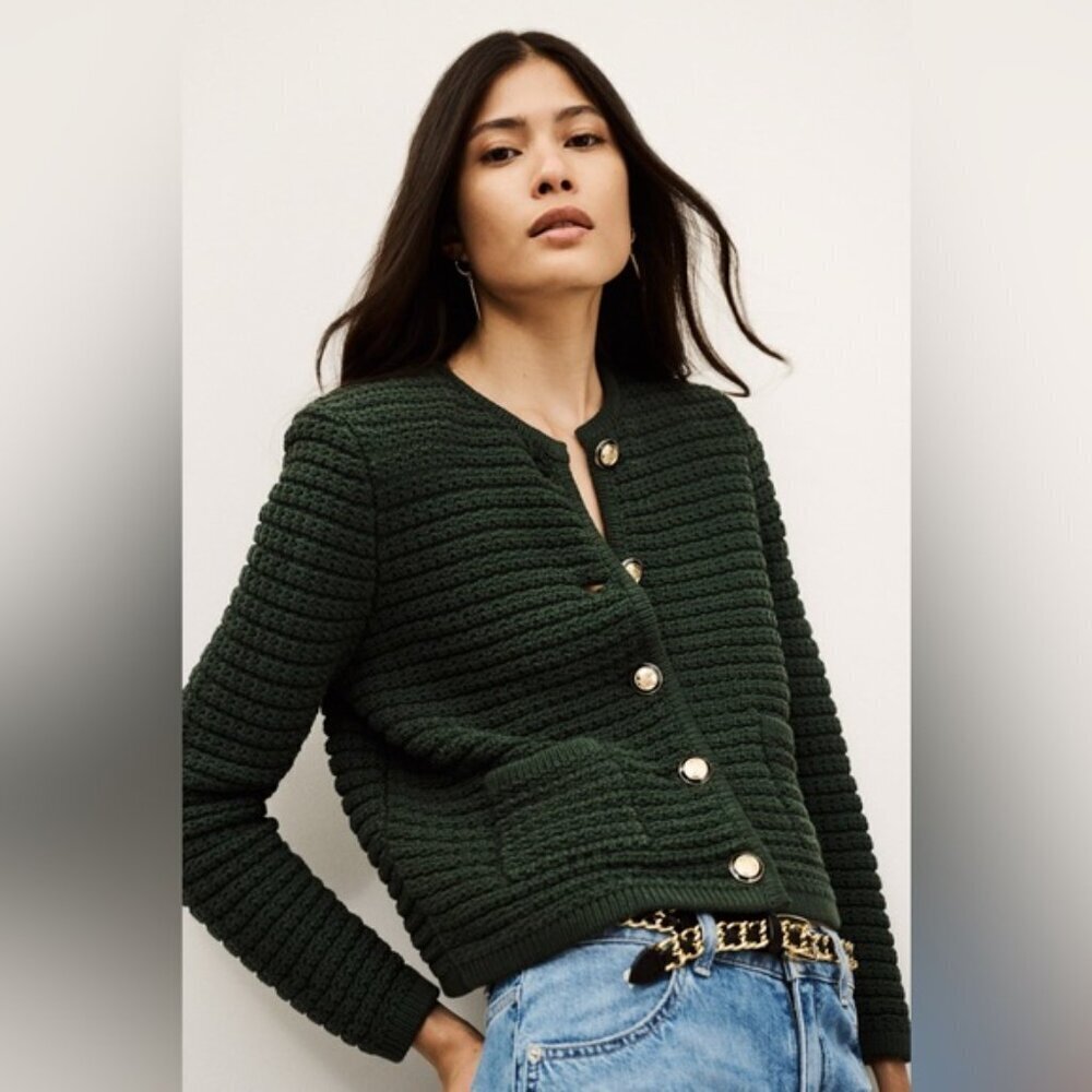 NEW Ba&sh Bash Gaspard Tweed Cardigan Jacket Vertbouteille Dark Green | sz 1 / S - Picture 4 of 12